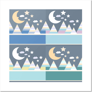 Moon and stars above the mountains night landscape Posters and Art